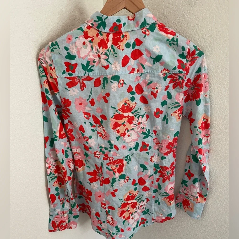 J. Crew Linen & Cotton Button-up Shirt - Sky Blue Blouse w/Floral Print - Sz XXS